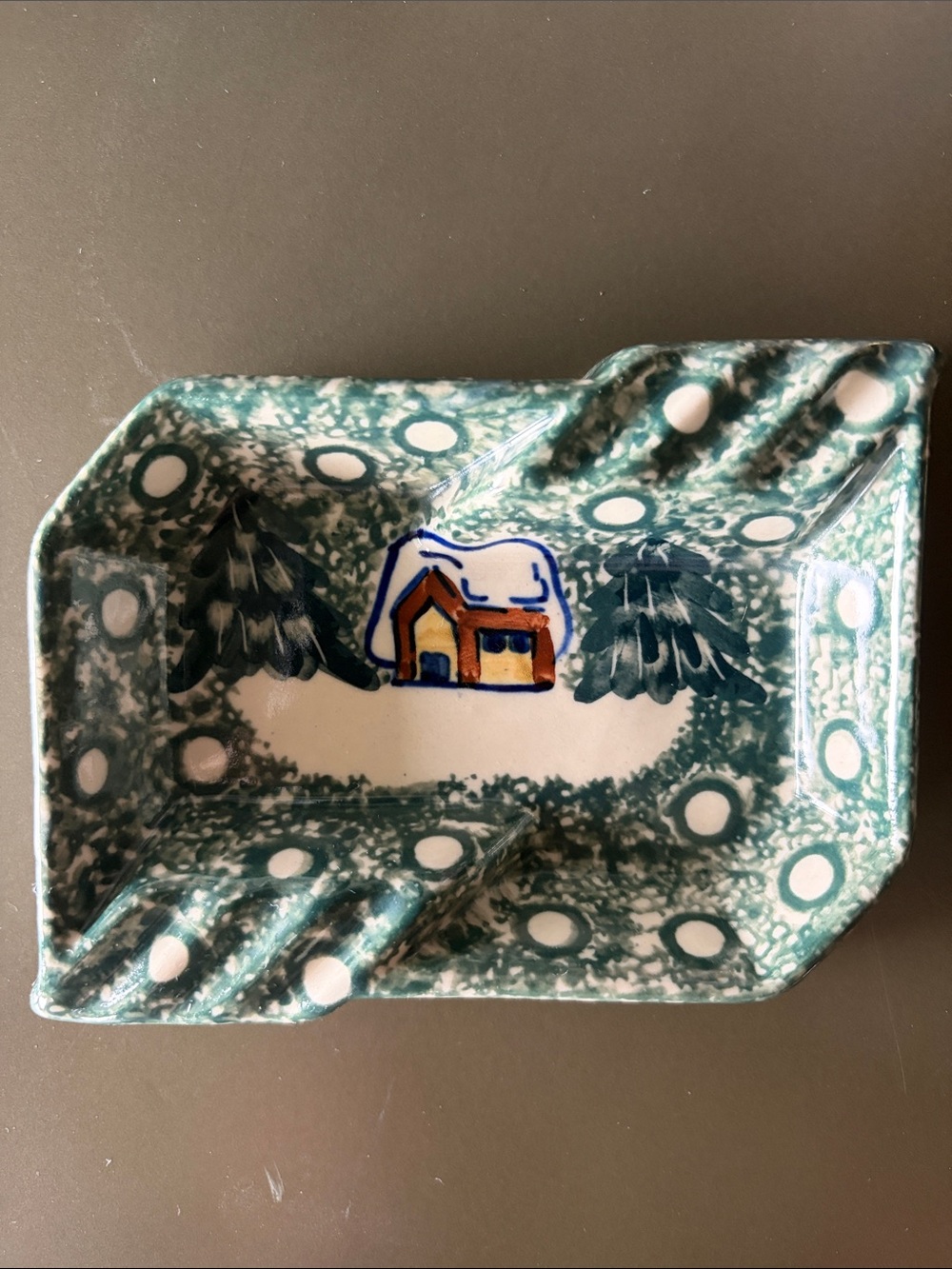 Polish Pottery UNIKAT Winter Forest  Green and White Speckled Ceramic Ashtray